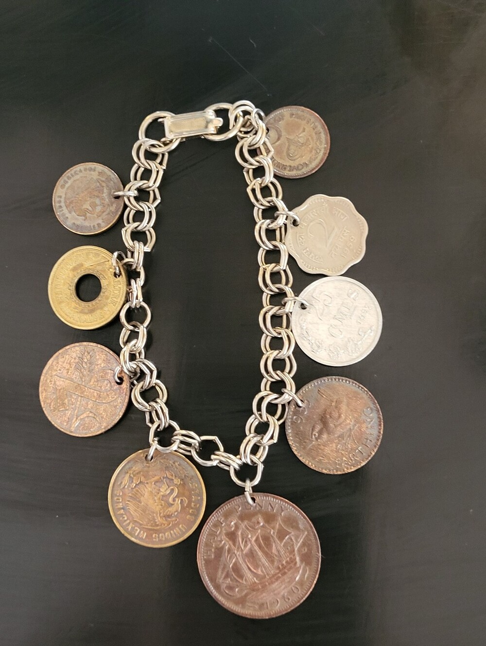 Mid-Century Travel Coin Bracelet 7"